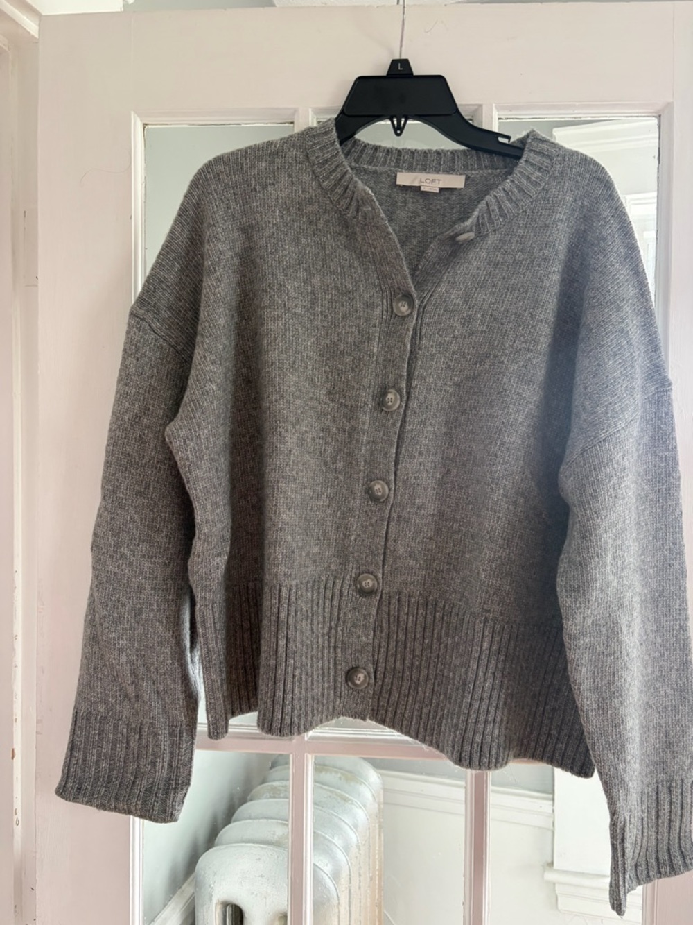 LOFT Gray Ribbed Hem Button Cardigan. Size large